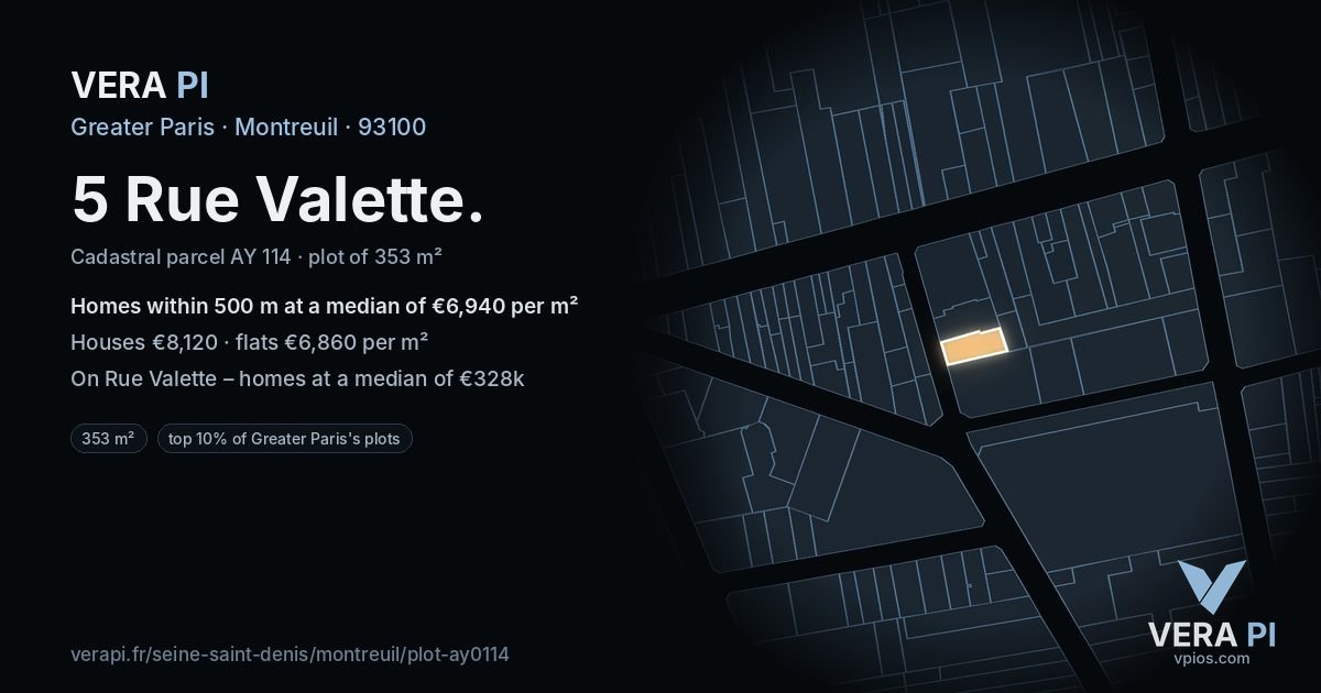 5 Rue Valette, Montreuil at night – the plot lit, the parcels around coloured by the prices near them