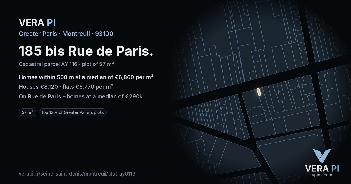 185 bis Rue de Paris, Montreuil at night – the plot lit, the parcels around coloured by the prices near them