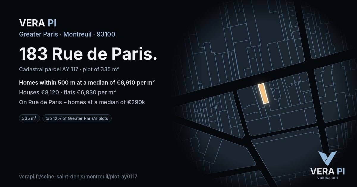 183 Rue de Paris, Montreuil at night – the plot lit, the parcels around coloured by the prices near them