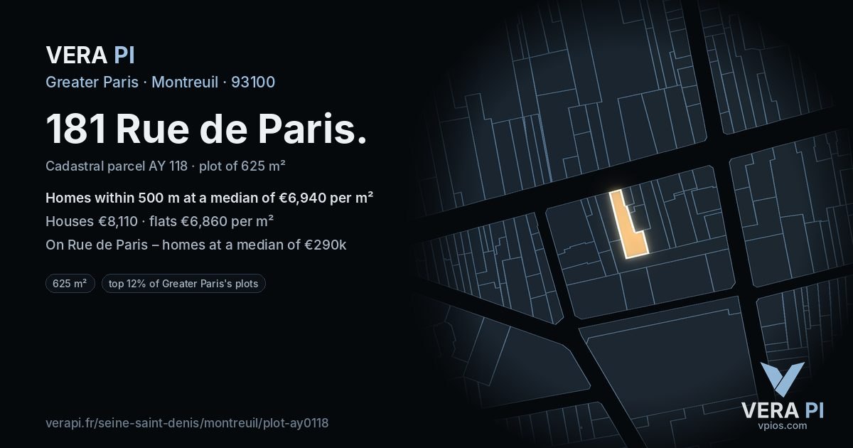 181 Rue de Paris, Montreuil at night – the plot lit, the parcels around coloured by the prices near them
