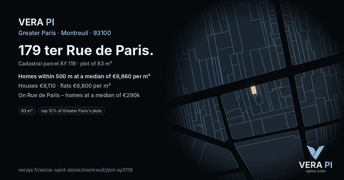 179 ter Rue de Paris, Montreuil at night – the plot lit, the parcels around coloured by the prices near them