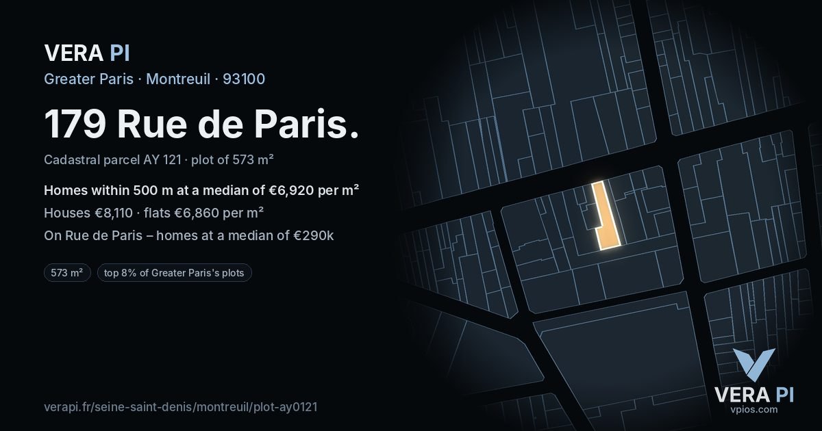 179 Rue de Paris, Montreuil at night – the plot lit, the parcels around coloured by the prices near them