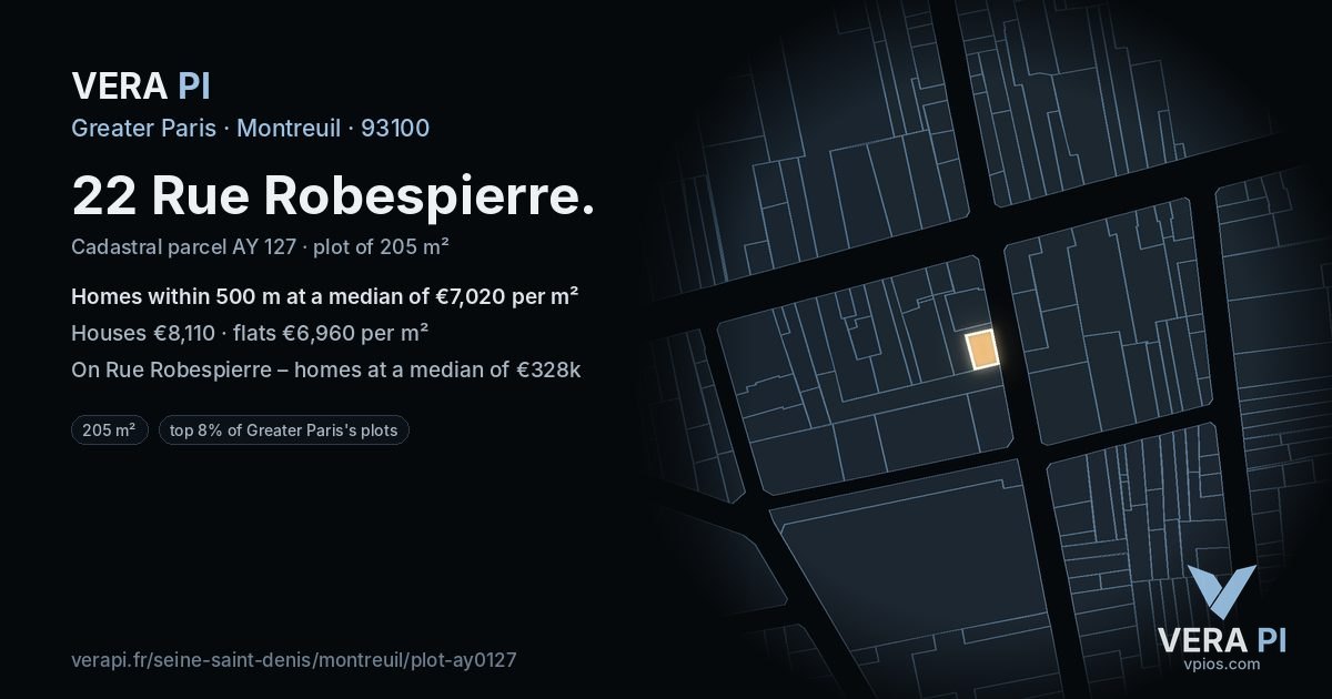 22 Rue Robespierre, Montreuil at night – the plot lit, the parcels around coloured by the prices near them