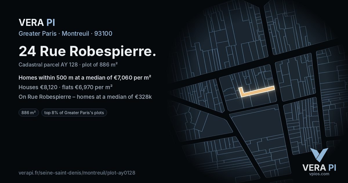 24 Rue Robespierre, Montreuil at night – the plot lit, the parcels around coloured by the prices near them
