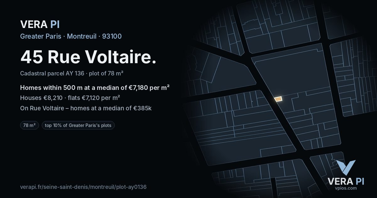 45 Rue Voltaire, Montreuil at night – the plot lit, the parcels around coloured by the prices near them
