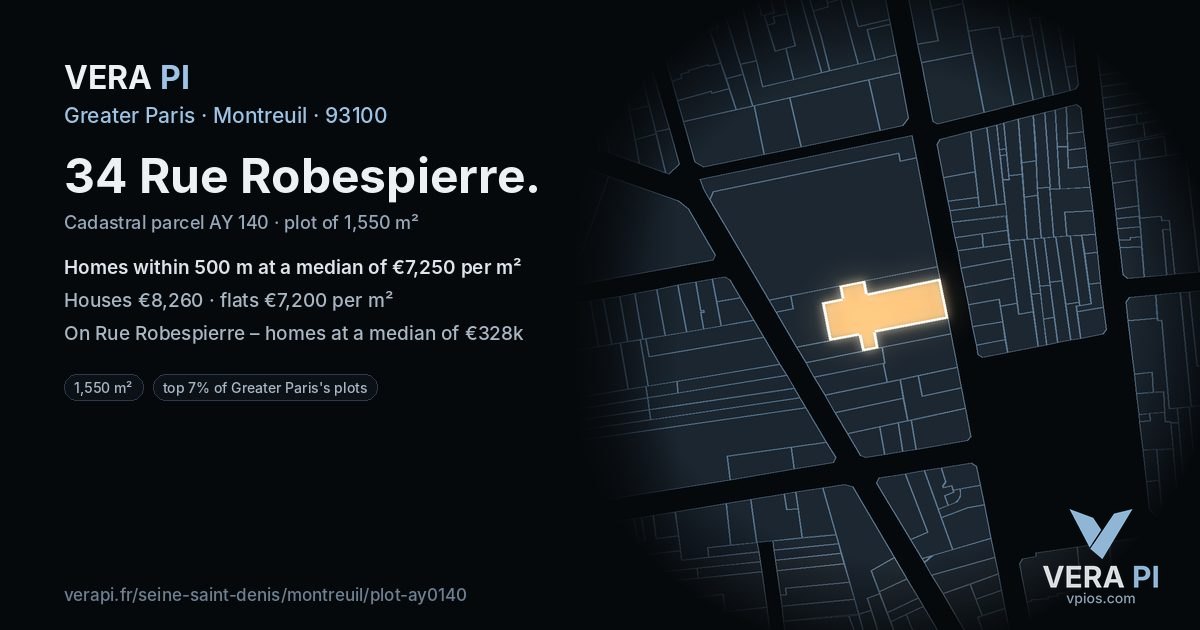 34 Rue Robespierre, Montreuil at night – the plot lit, the parcels around coloured by the prices near them