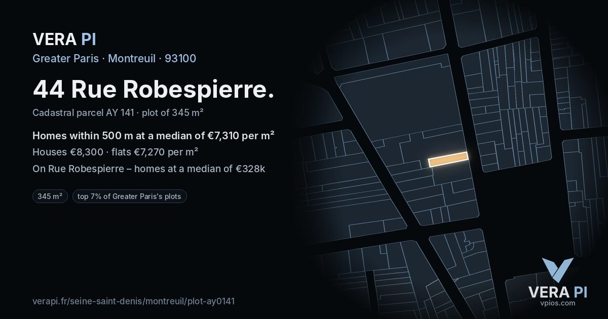 44 Rue Robespierre, Montreuil at night – the plot lit, the parcels around coloured by the prices near them