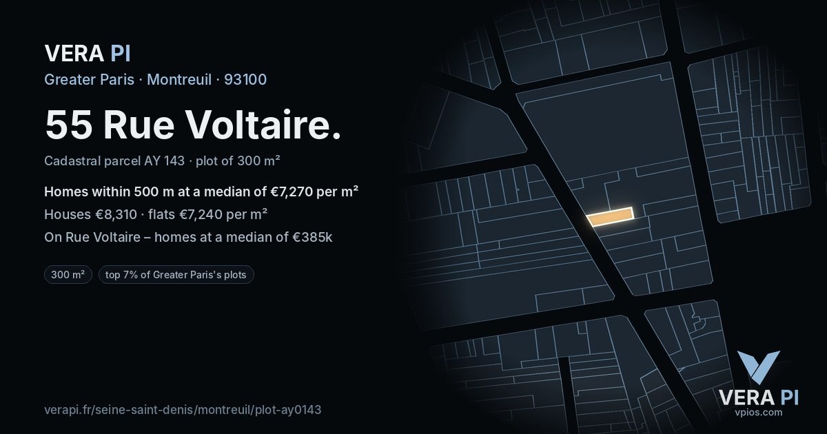 55 Rue Voltaire, Montreuil at night – the plot lit, the parcels around coloured by the prices near them