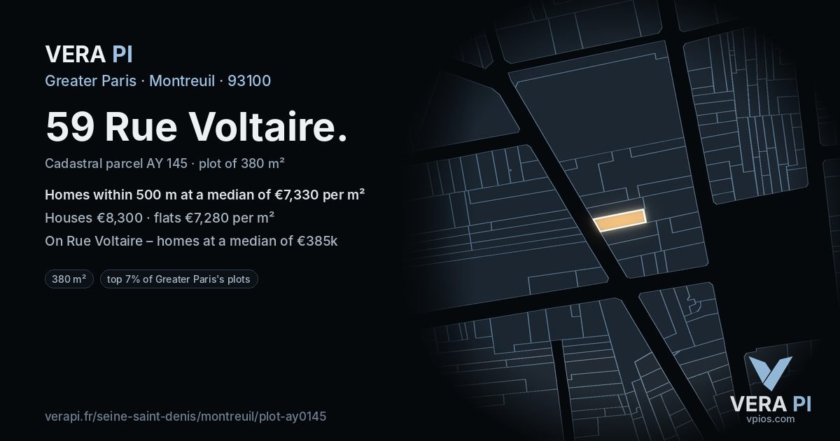 59 Rue Voltaire, Montreuil at night – the plot lit, the parcels around coloured by the prices near them