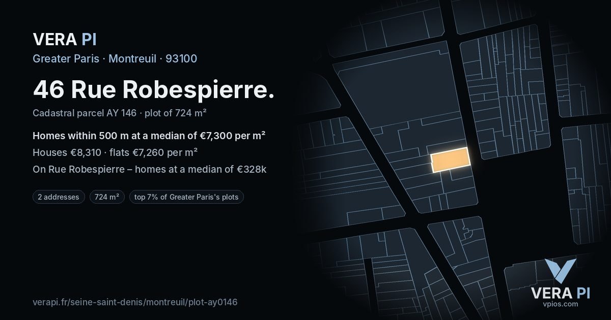 46 Rue Robespierre, Montreuil at night – the plot lit, the parcels around coloured by the prices near them