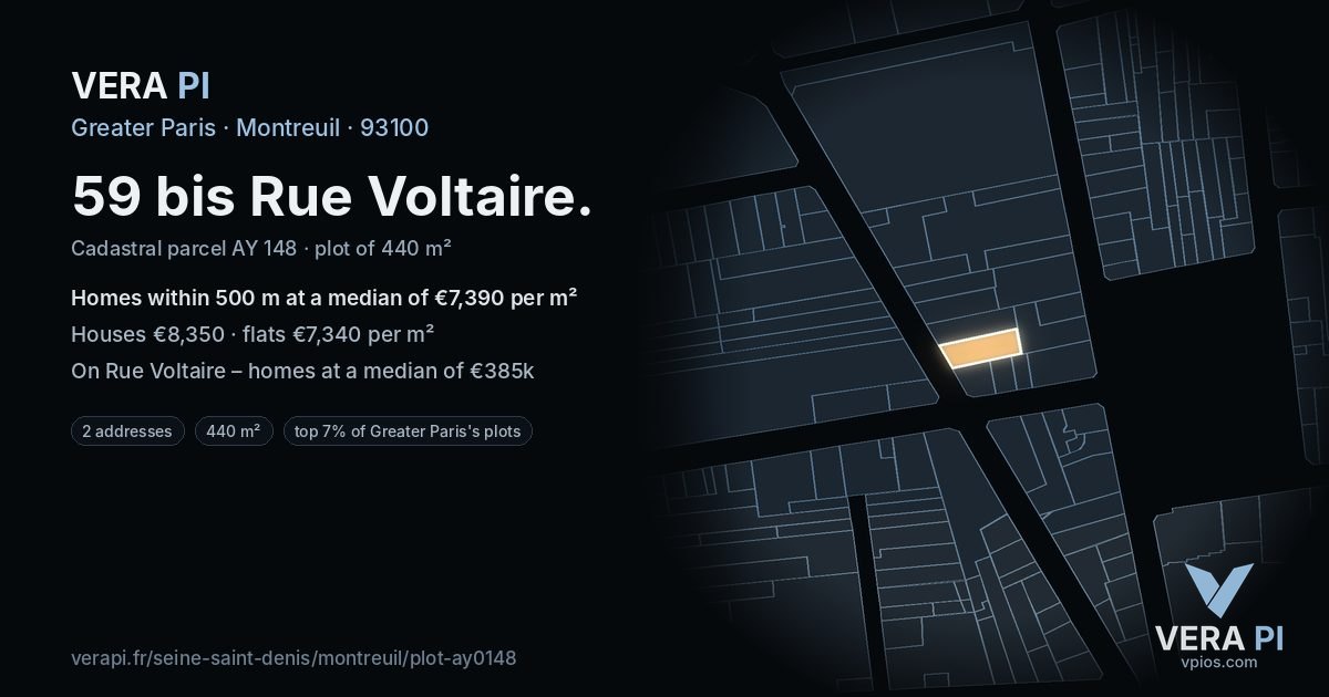 59 bis Rue Voltaire, Montreuil at night – the plot lit, the parcels around coloured by the prices near them