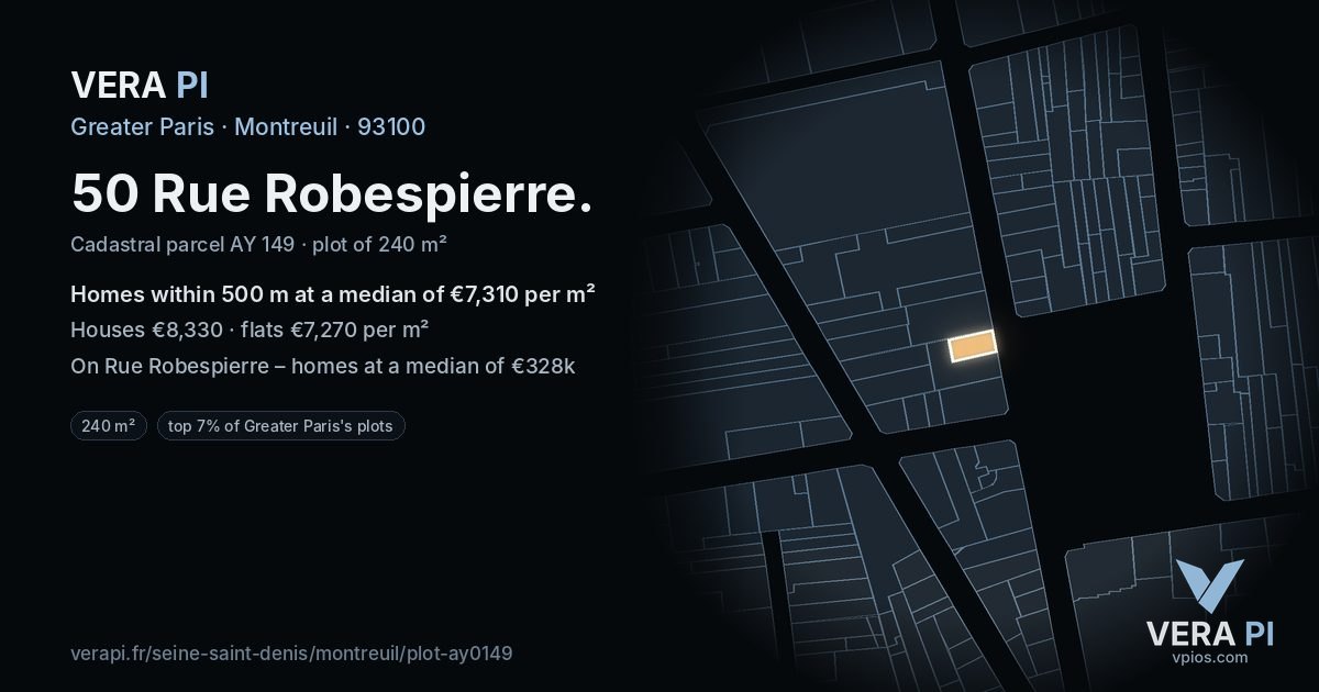50 Rue Robespierre, Montreuil at night – the plot lit, the parcels around coloured by the prices near them