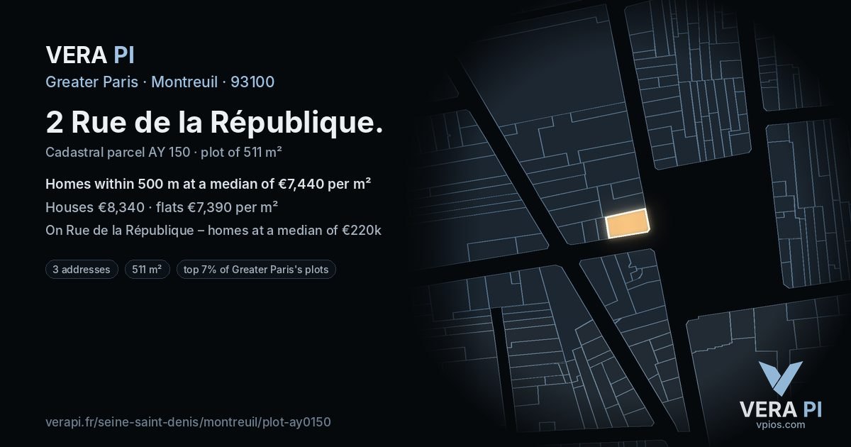 2 Rue de la République, Montreuil at night – the plot lit, the parcels around coloured by the prices near them