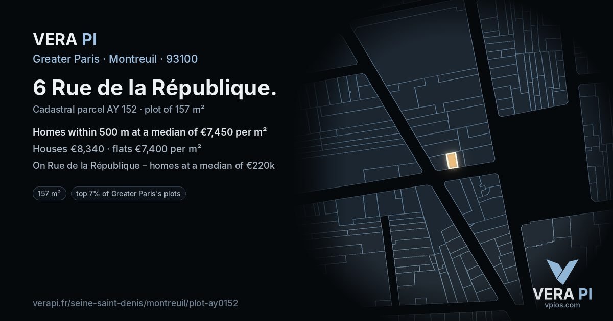 6 Rue de la République, Montreuil at night – the plot lit, the parcels around coloured by the prices near them