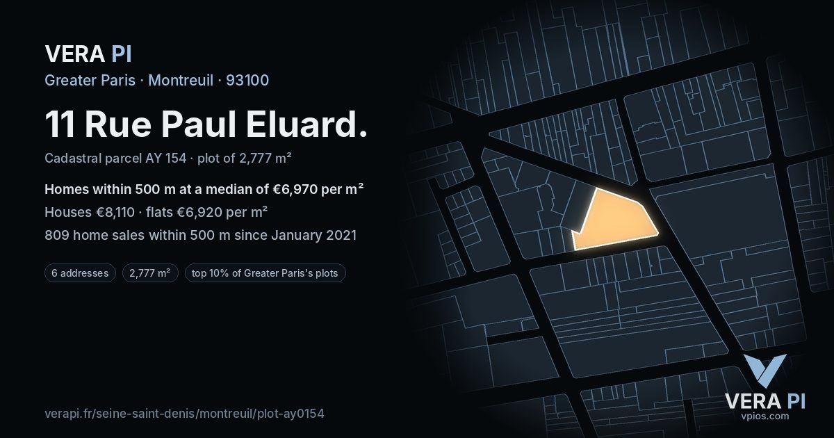 11 Rue Paul Eluard, Montreuil at night – the plot lit, the parcels around coloured by the prices near them
