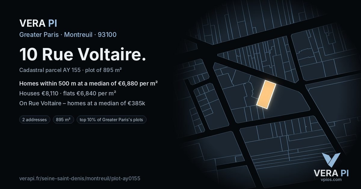 10 Rue Voltaire, Montreuil at night – the plot lit, the parcels around coloured by the prices near them