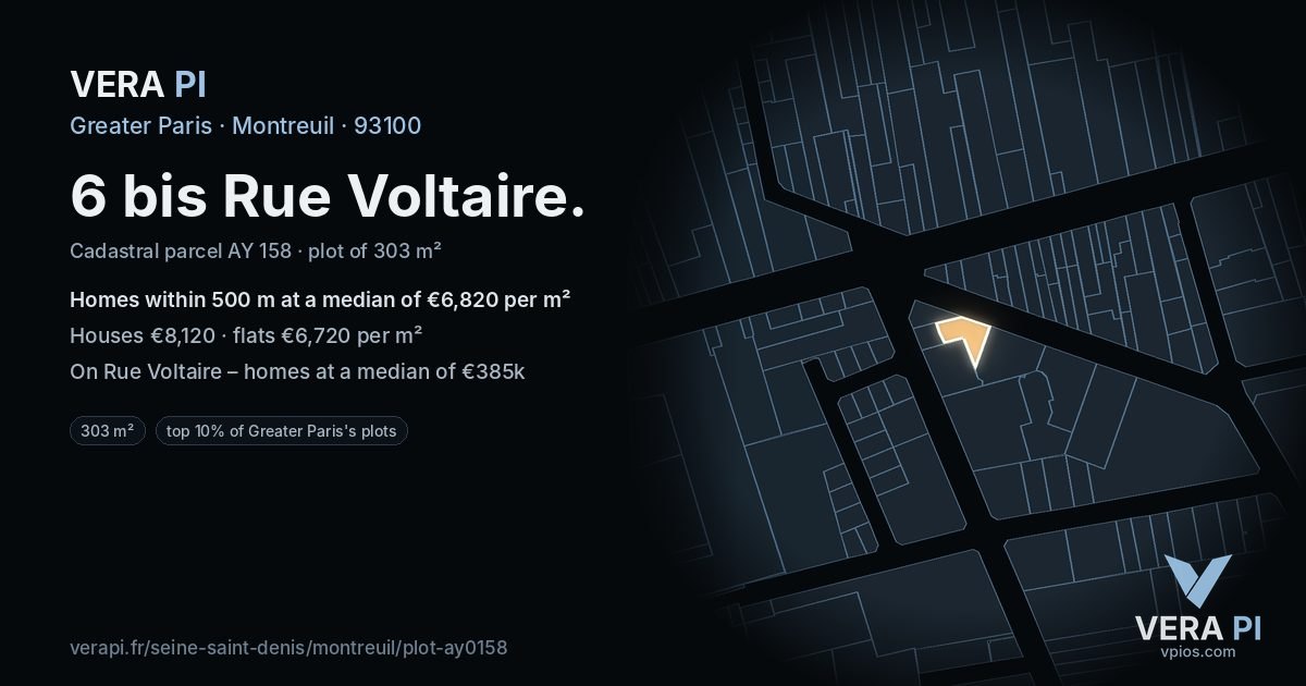 6 bis Rue Voltaire, Montreuil at night – the plot lit, the parcels around coloured by the prices near them