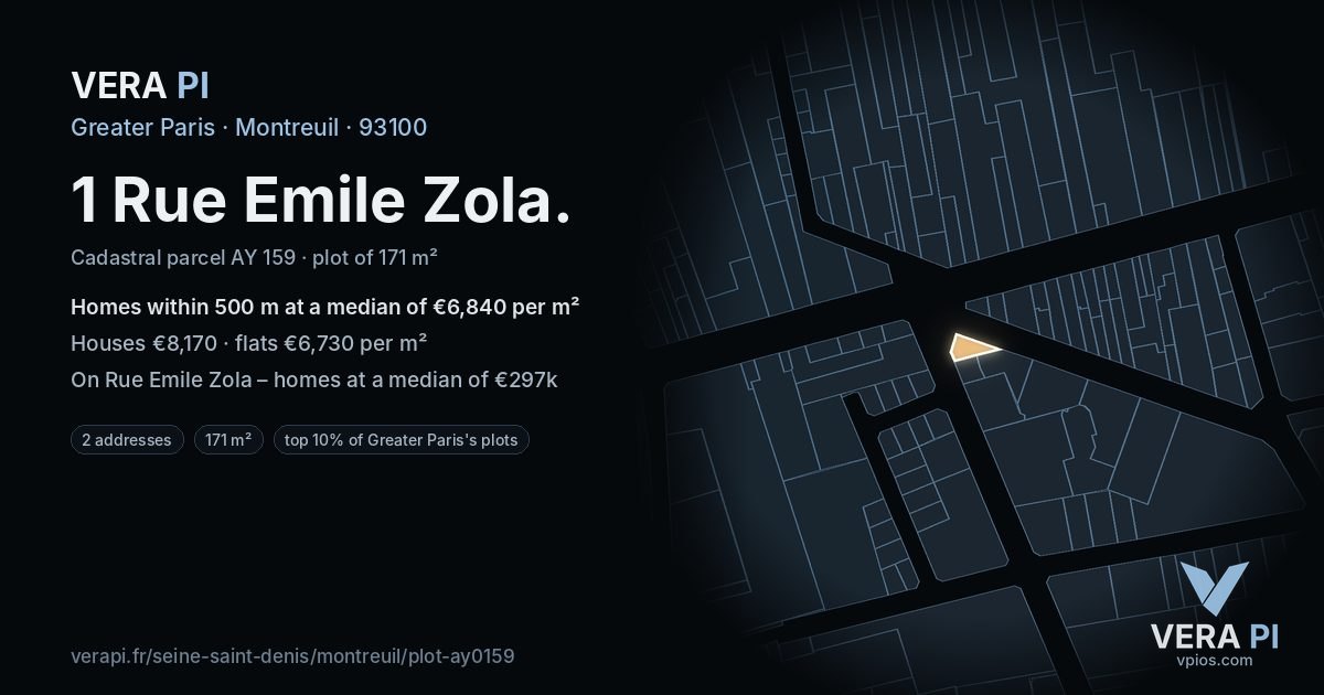 1 Rue Emile Zola, Montreuil at night – the plot lit, the parcels around coloured by the prices near them
