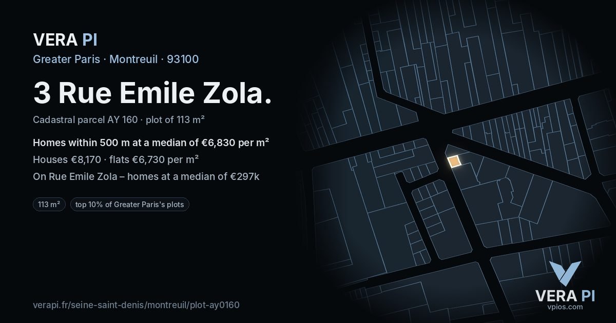 3 Rue Emile Zola, Montreuil at night – the plot lit, the parcels around coloured by the prices near them