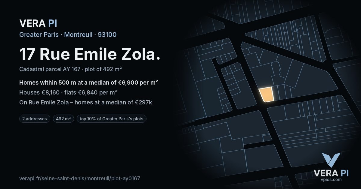 17 Rue Emile Zola, Montreuil at night – the plot lit, the parcels around coloured by the prices near them