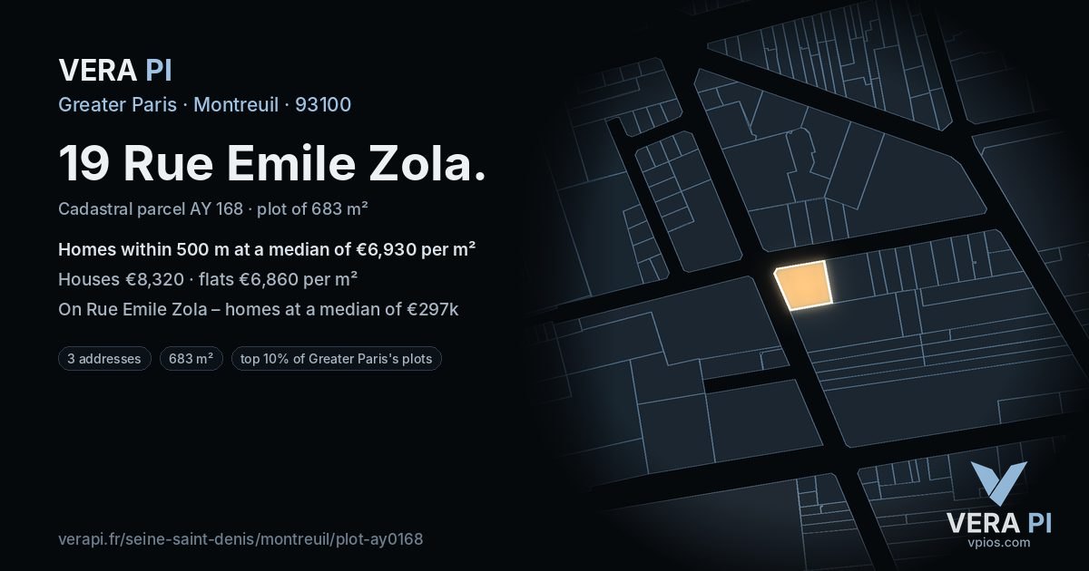 19 Rue Emile Zola, Montreuil at night – the plot lit, the parcels around coloured by the prices near them