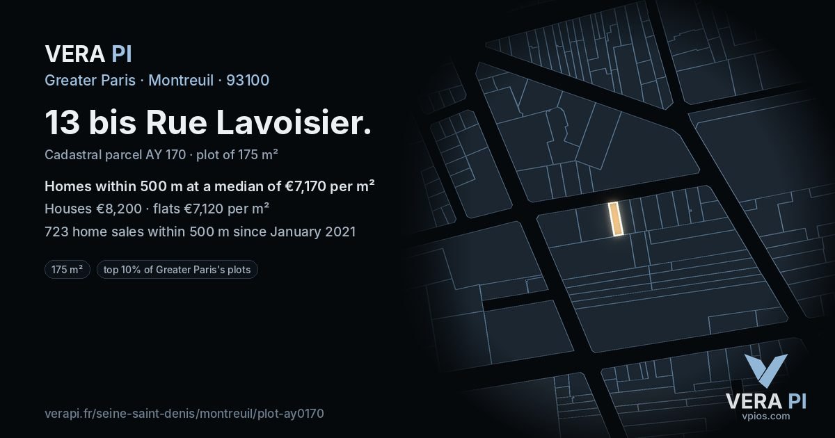 13 bis Rue Lavoisier, Montreuil at night – the plot lit, the parcels around coloured by the prices near them