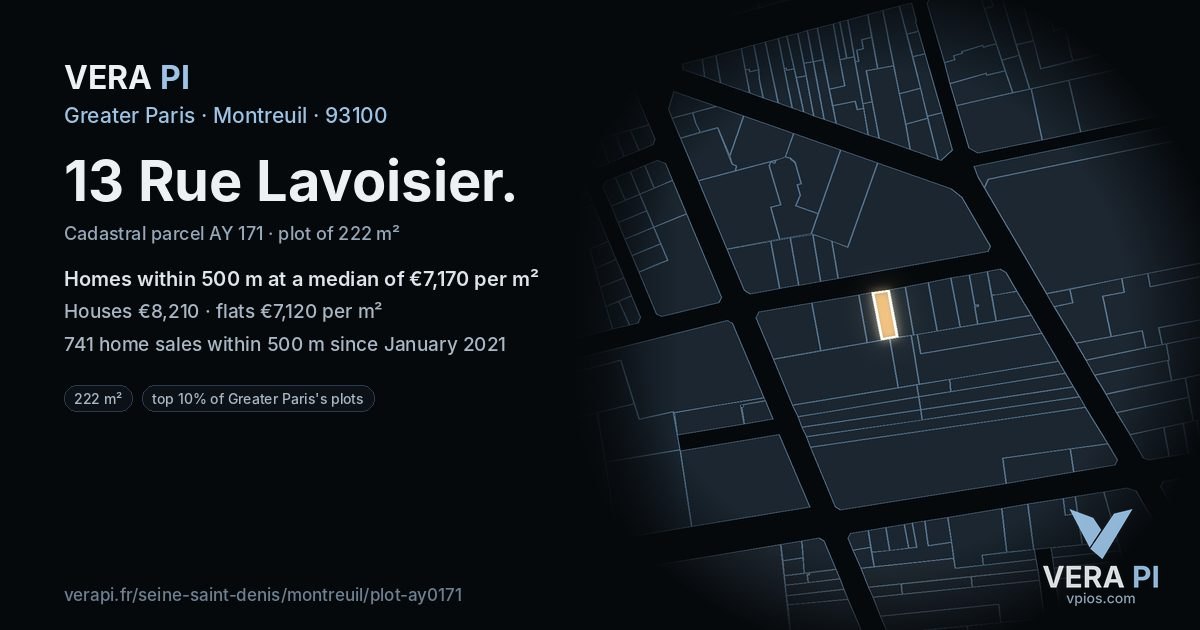 13 Rue Lavoisier, Montreuil at night – the plot lit, the parcels around coloured by the prices near them