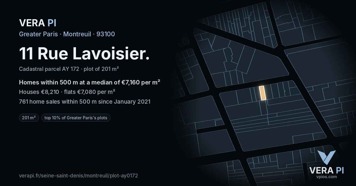11 Rue Lavoisier, Montreuil at night – the plot lit, the parcels around coloured by the prices near them