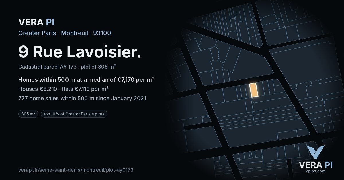 9 Rue Lavoisier, Montreuil at night – the plot lit, the parcels around coloured by the prices near them