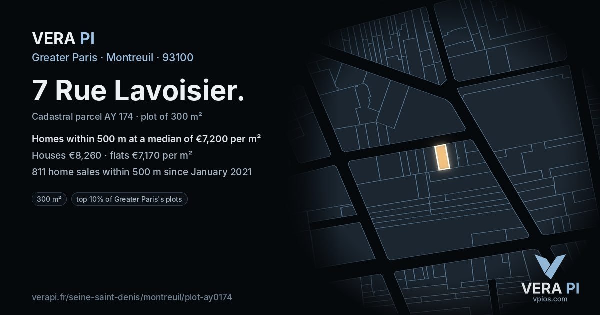 7 Rue Lavoisier, Montreuil at night – the plot lit, the parcels around coloured by the prices near them
