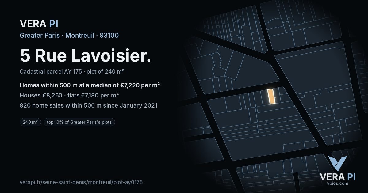 5 Rue Lavoisier, Montreuil at night – the plot lit, the parcels around coloured by the prices near them