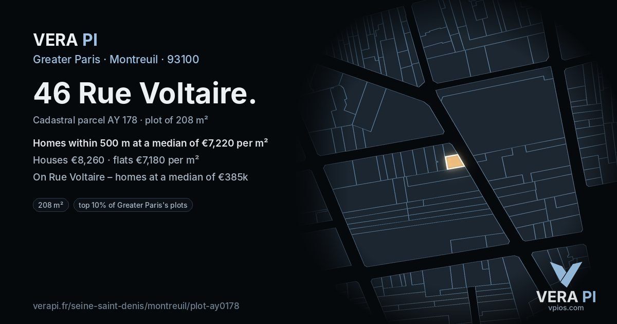 46 Rue Voltaire, Montreuil at night – the plot lit, the parcels around coloured by the prices near them
