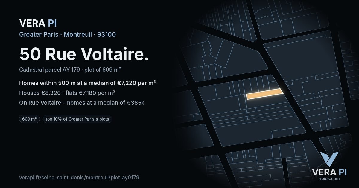 50 Rue Voltaire, Montreuil at night – the plot lit, the parcels around coloured by the prices near them