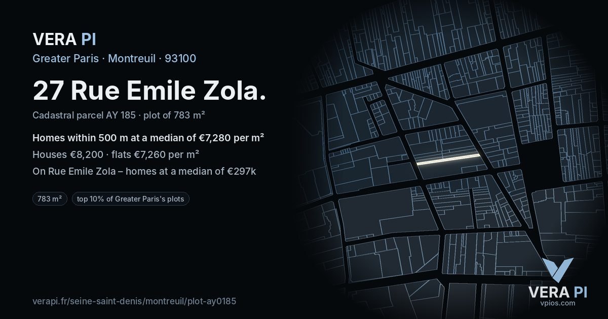 27 Rue Emile Zola, Montreuil at night – the plot lit, the parcels around coloured by the prices near them