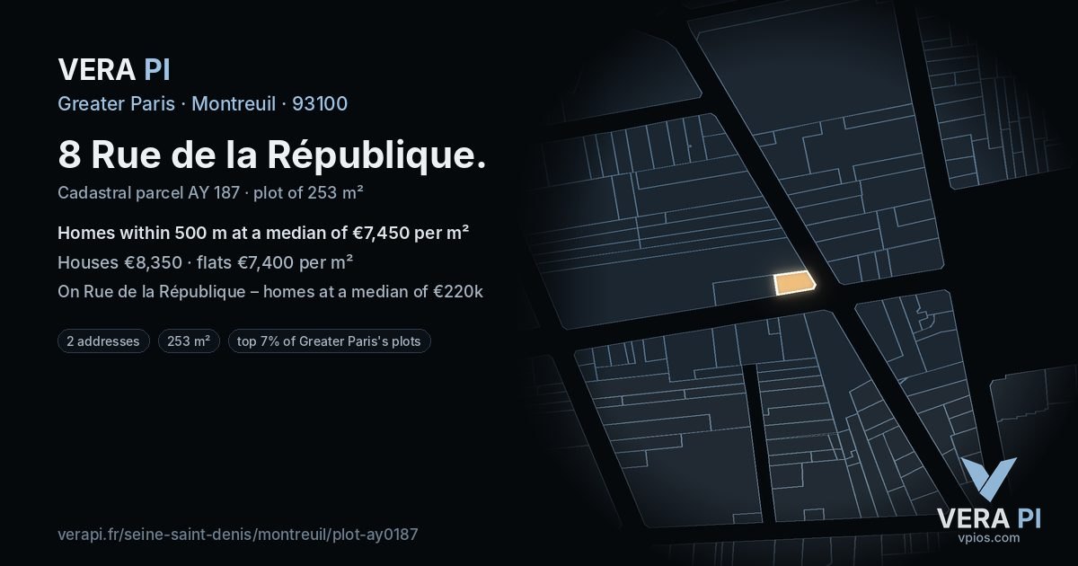 8 Rue de la République, Montreuil at night – the plot lit, the parcels around coloured by the prices near them