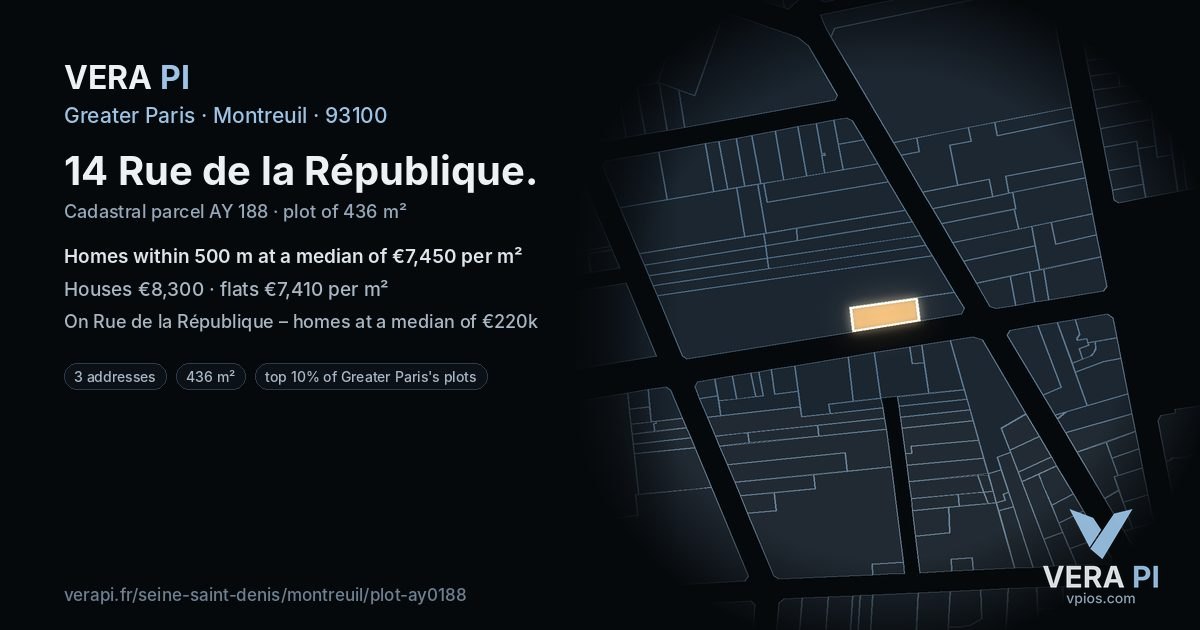14 Rue de la République, Montreuil at night – the plot lit, the parcels around coloured by the prices near them