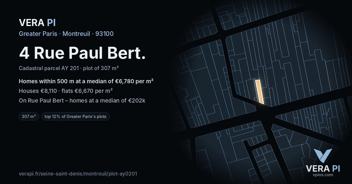 4 Rue Paul Bert, Montreuil at night – the plot lit, the parcels around coloured by the prices near them