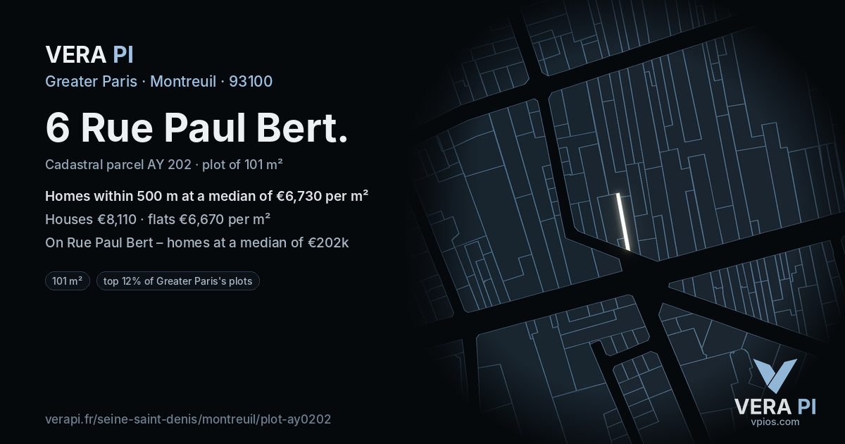 6 Rue Paul Bert, Montreuil at night – the plot lit, the parcels around coloured by the prices near them