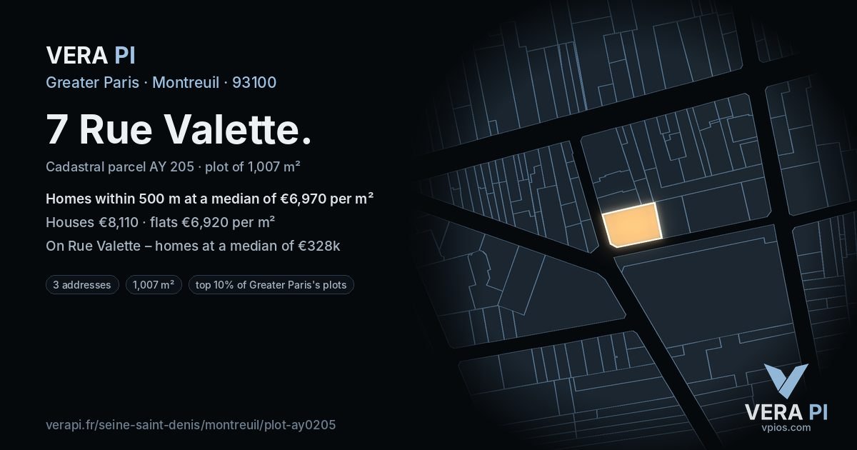 7 Rue Valette, Montreuil at night – the plot lit, the parcels around coloured by the prices near them