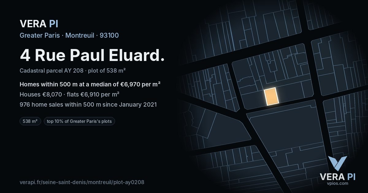 4 Rue Paul Eluard, Montreuil at night – the plot lit, the parcels around coloured by the prices near them