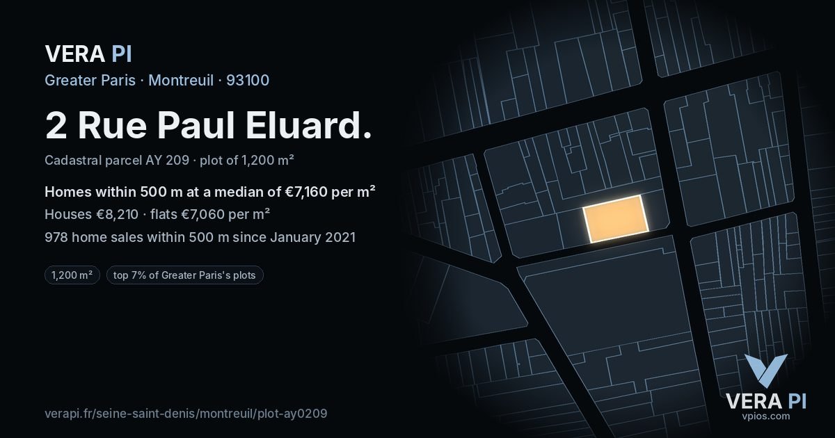 2 Rue Paul Eluard, Montreuil at night – the plot lit, the parcels around coloured by the prices near them