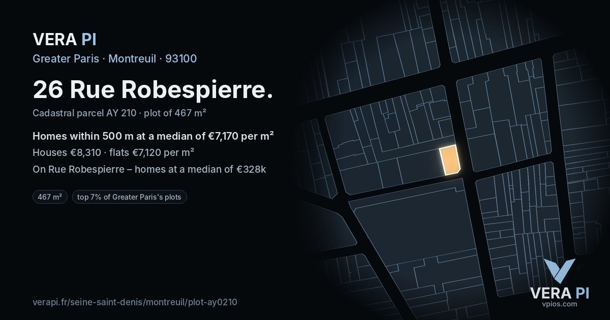 26 Rue Robespierre, Montreuil at night – the plot lit, the parcels around coloured by the prices near them