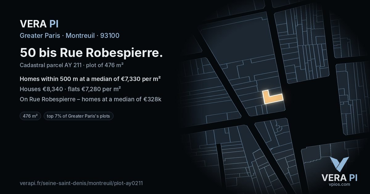 50 bis Rue Robespierre, Montreuil at night – the plot lit, the parcels around coloured by the prices near them