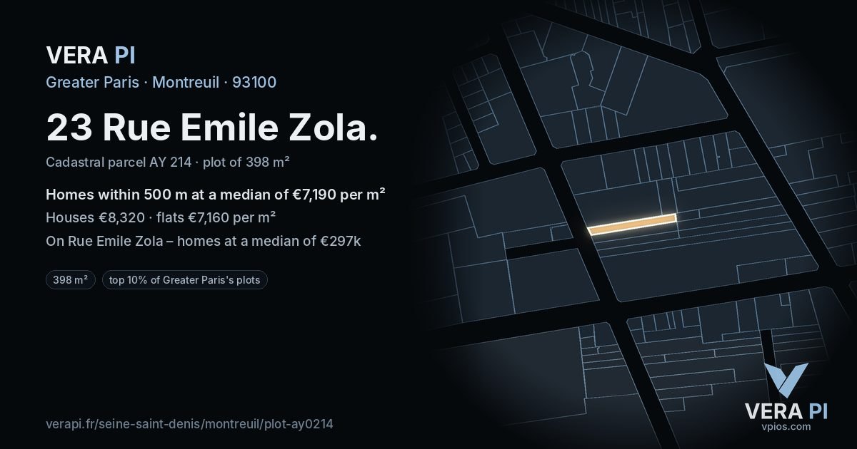 23 Rue Emile Zola, Montreuil at night – the plot lit, the parcels around coloured by the prices near them