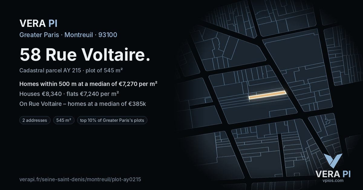 58 Rue Voltaire, Montreuil at night – the plot lit, the parcels around coloured by the prices near them