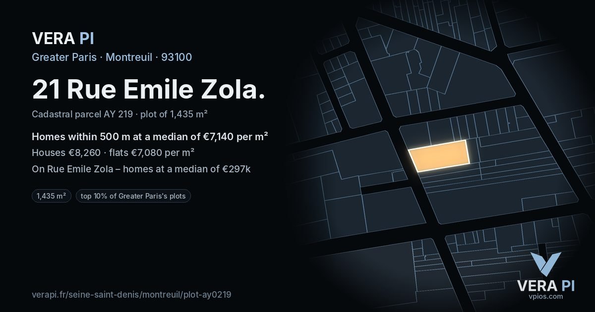 21 Rue Emile Zola, Montreuil at night – the plot lit, the parcels around coloured by the prices near them