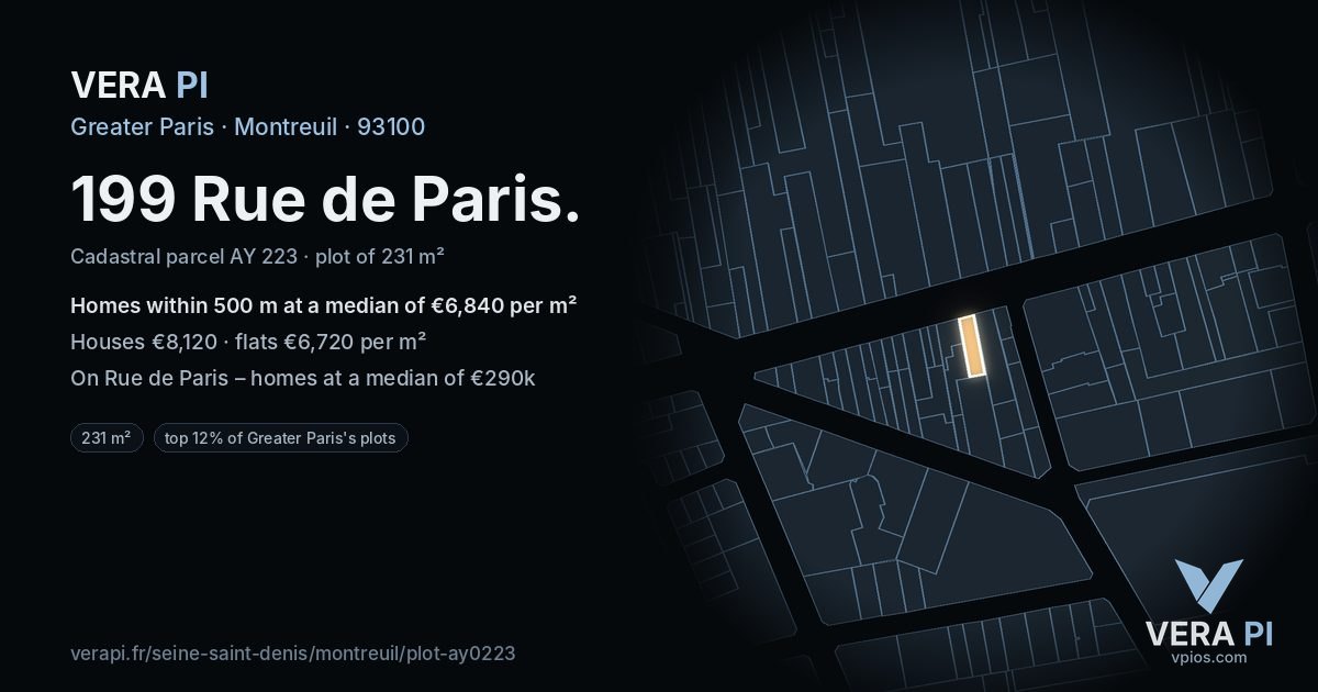 199 Rue de Paris, Montreuil at night – the plot lit, the parcels around coloured by the prices near them