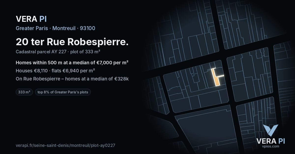 20 ter Rue Robespierre, Montreuil at night – the plot lit, the parcels around coloured by the prices near them