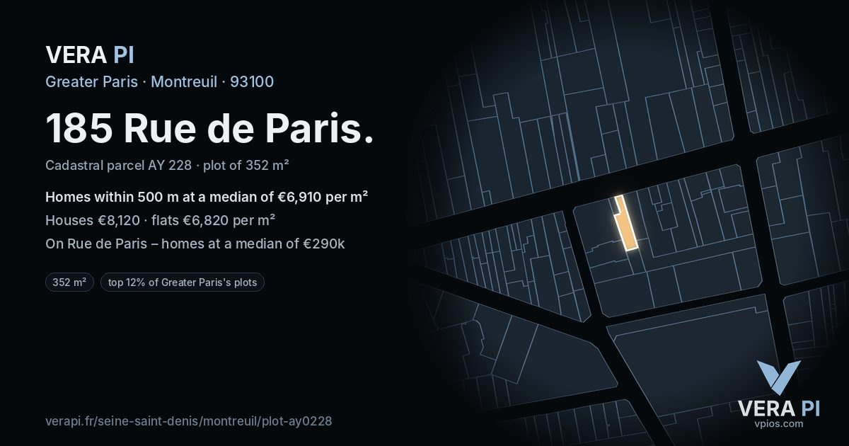 185 Rue de Paris, Montreuil at night – the plot lit, the parcels around coloured by the prices near them