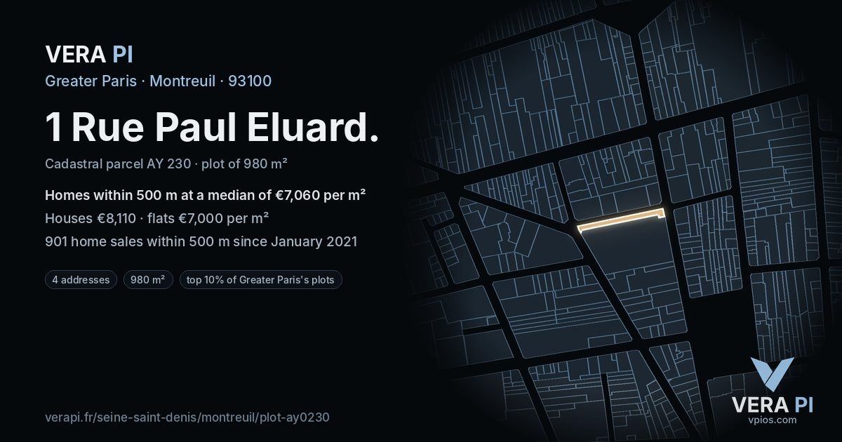 1 Rue Paul Eluard, Montreuil at night – the plot lit, the parcels around coloured by the prices near them